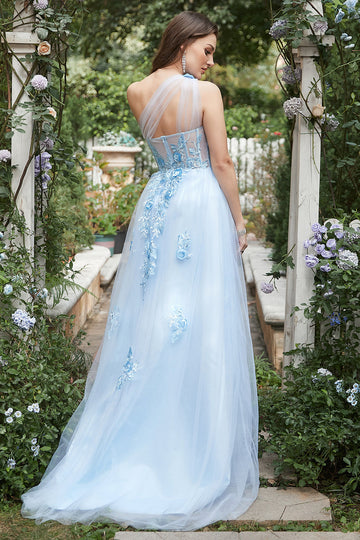 Azul Cielo A Línea Un Hombro Vestido de Fiesta con Apliques
